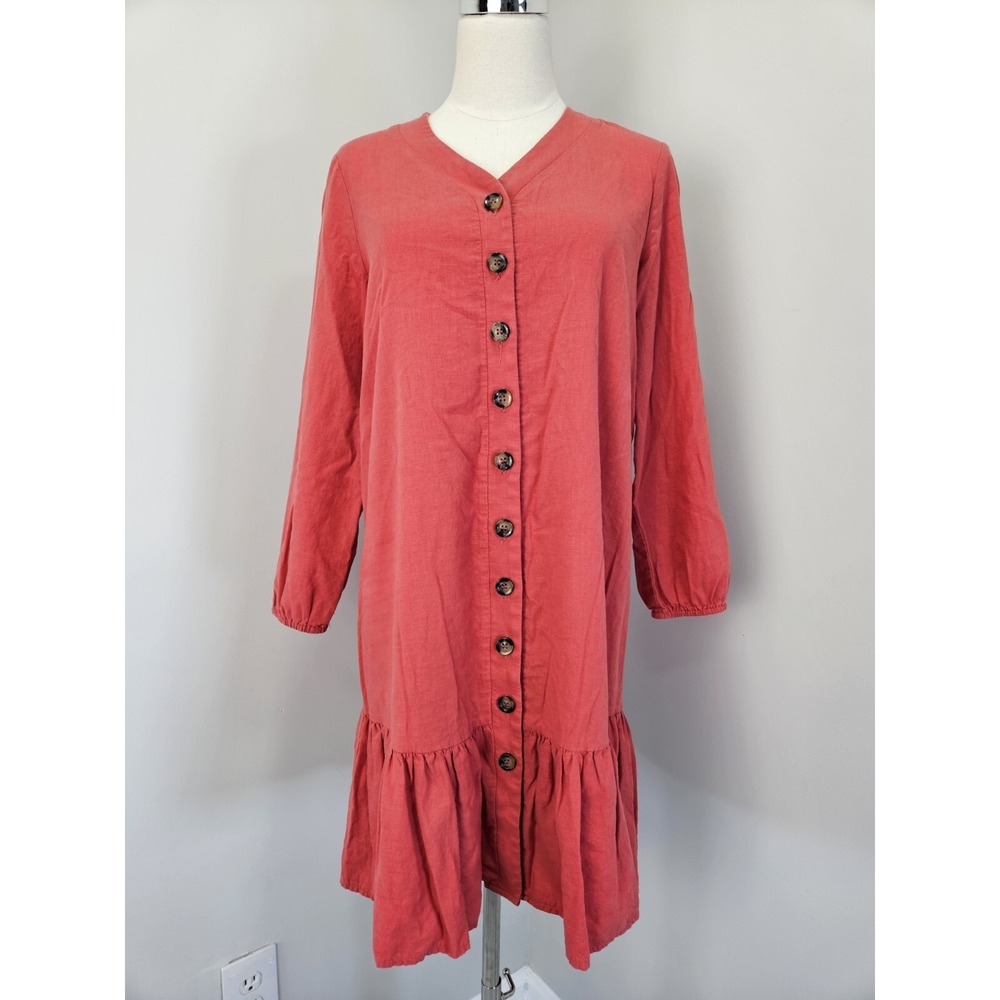 Chelsea & Theodore Coral Linen Blend Button Down Ruffle Hem Mini Dress Womens M
